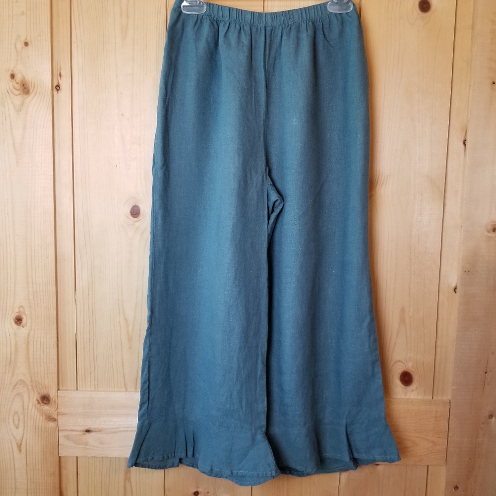 Flax 100% Linen Wide Leg Ruffle Hem Elastic Pull-On Waist Bloomer Pants